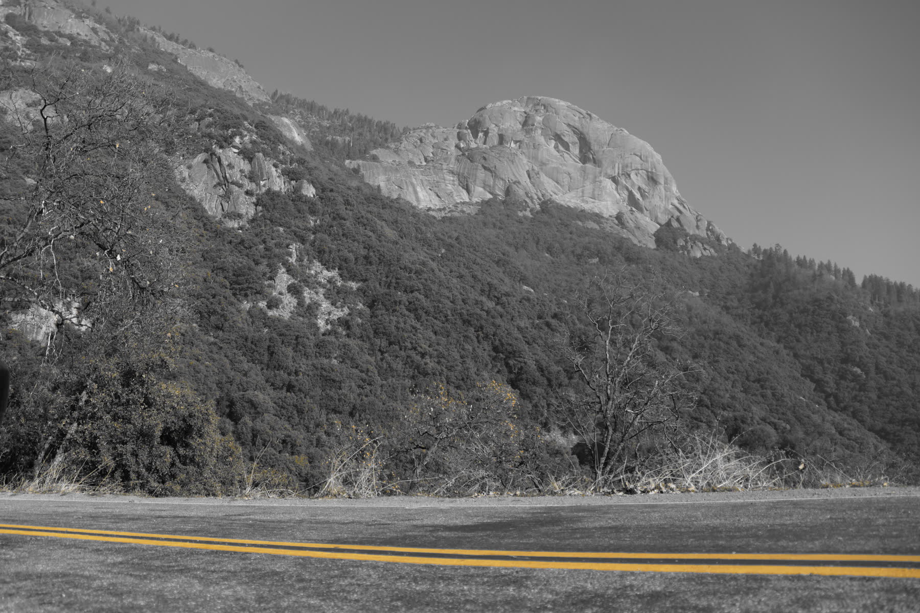 Carretera de montaña en blanco y negro con la doble línea amarilla en color