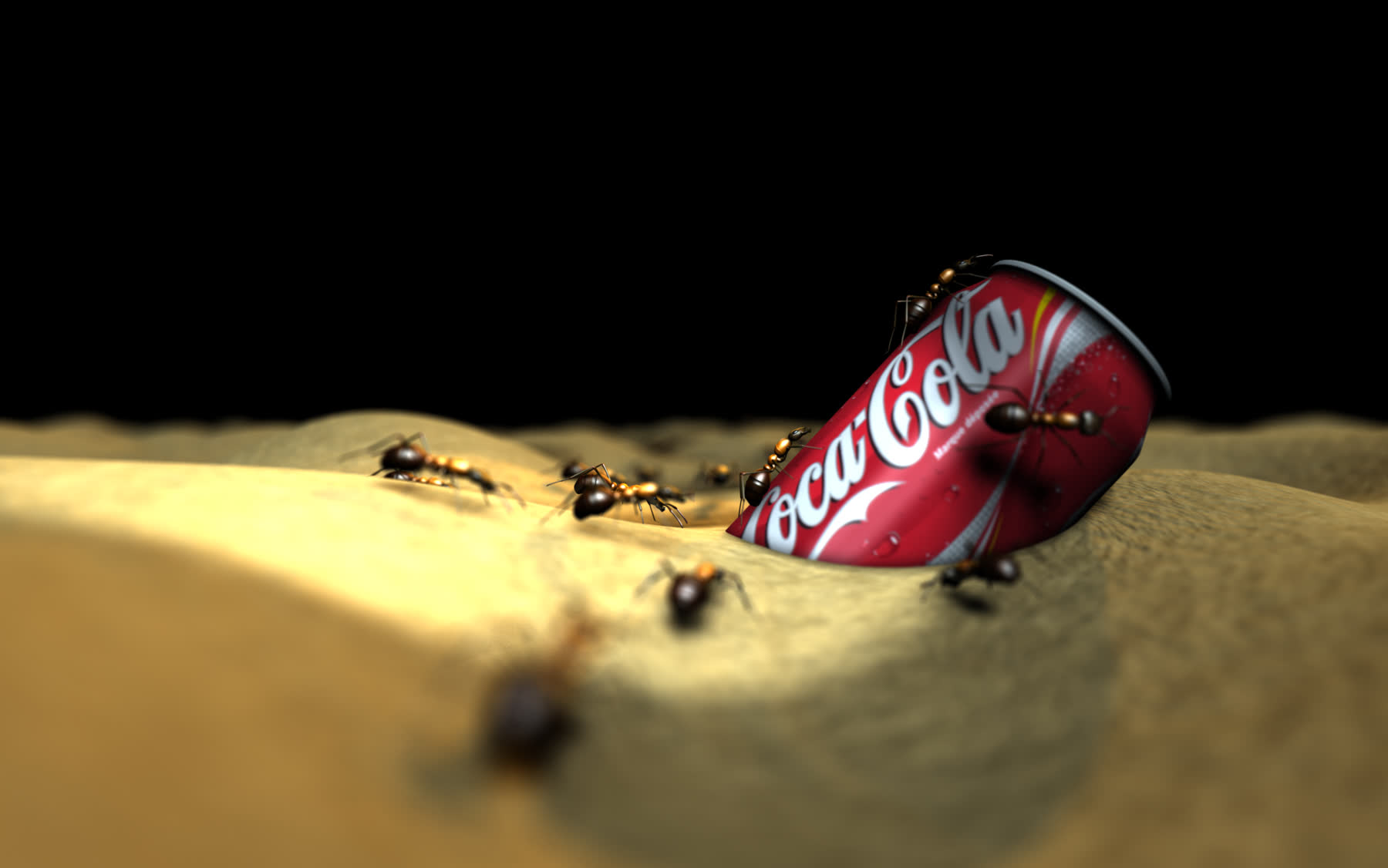 Hormigas cargando una lata — composición CGI 3D